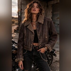 Harley Davidson Shearling Leather Jacket Brown Lamb Sherpa Moto Biker Size Small